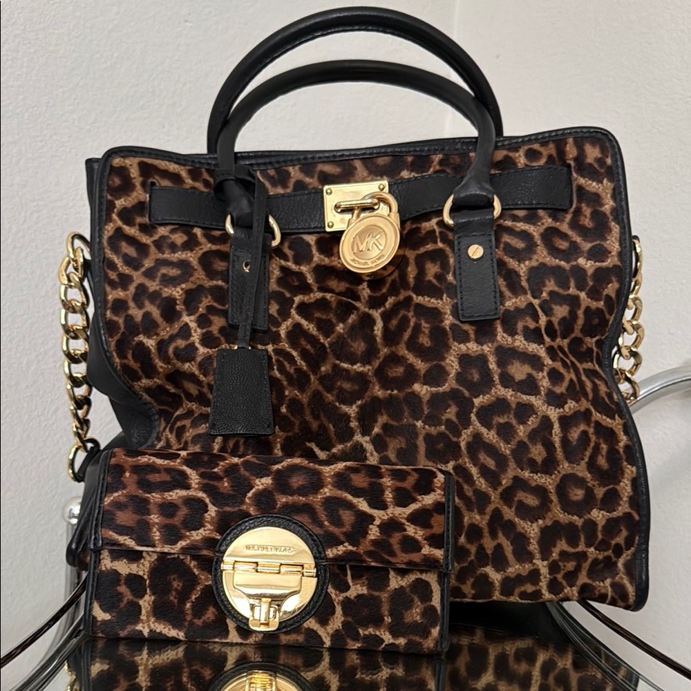 Michael Kors Brown and Black Satchel with Leopard Print
